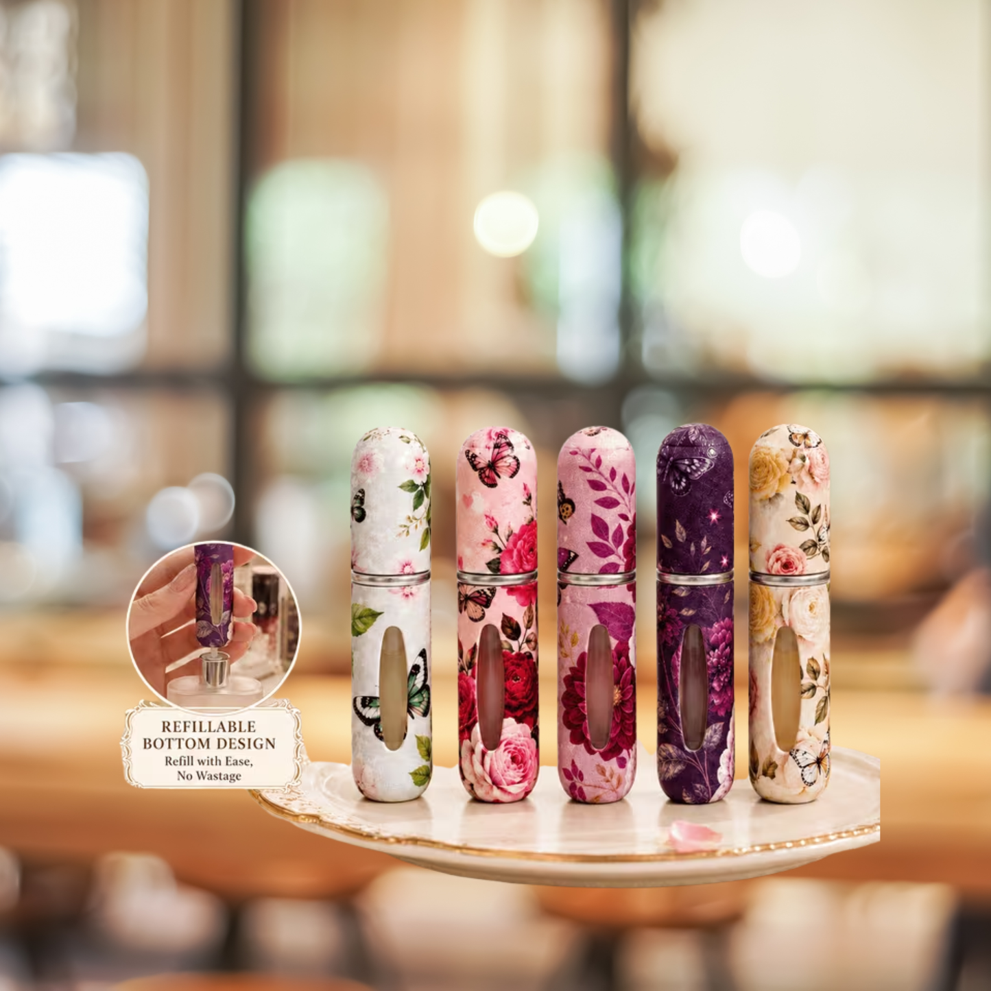 Atomiseurs de parfum rechargeables, flacons de voyage portables à motif floral.